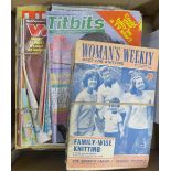 A collection of magazines including Woman's Weekly 1950's and 1960's, Titbits, Woman and a