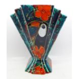 An Anita Harris Art Deco fan shaped vase, Toucan design, 20cm, signed in gold on the base