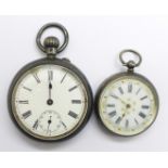 A silver cased top-wind pocket watch, (chip on edge of dial), and a silver fob watch