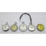 A military issue pocket watch, a/f, two Smiths stop watches and two other pocket watches