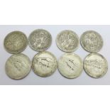 Four Edward VII Britannia florins and four Victorian florins, 88g