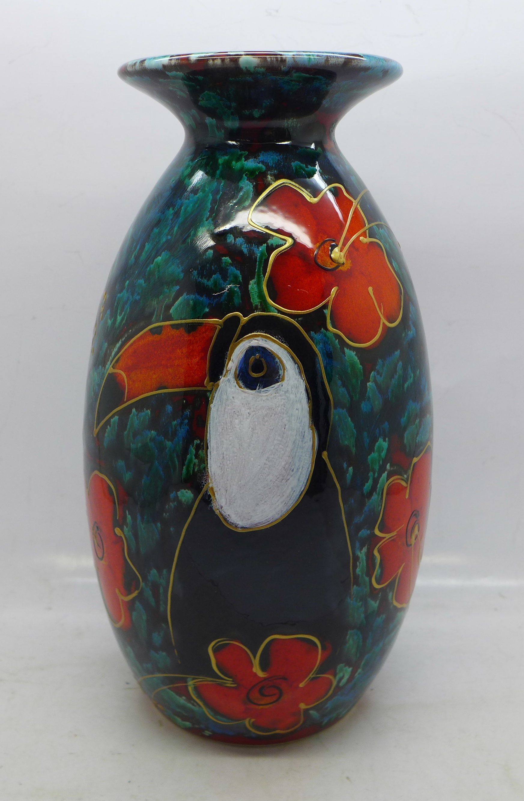 An Anita Harris Minos vase, Toucan design, 20cm, signed in gold on the base