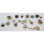 Costume brooches, pendants and dress rings