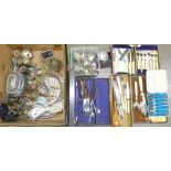 A box of plated flatware and metalwares **PLEASE NOTE THIS LOT IS NOT ELIGIBLE FOR POSTING AND