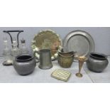 A collection of plated ware including a Walker & Hall cruet set, a plated tray and cigarette case