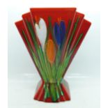 An Anita Harris Art Deco fan shape vase, Crocus design, 23cm, signed in gold on the base