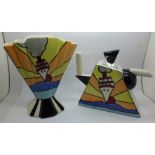 Lorna Bailey, an Art Deco fan shape vase in the Cruise design, 21cm and a wedge shaped teapot,
