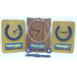 Three vintage Wrangler quartz wall clocks and three Wrangler wristwatches