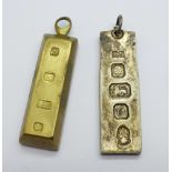 Two silver ingot pendants, 44g