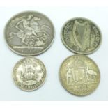 A Victorian 1892 crown, a 1943 Australian florin, an Irish 1928 half crown and a 1940 shilling