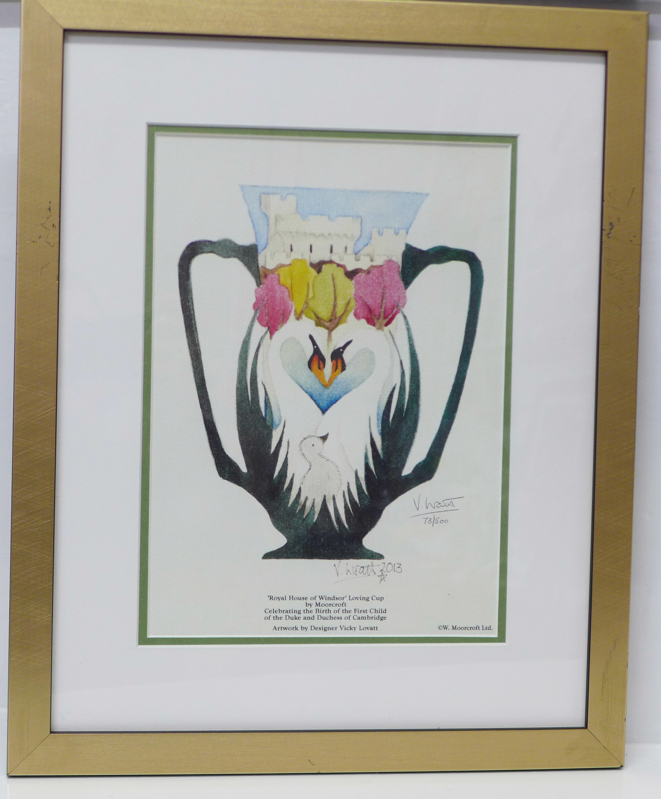 A Moorcroft limited edition print, Royal House of Windsor Loving Cup, 73/500, signed by Vicki Lovatt