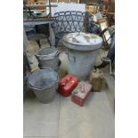 A galvanised bin, buckets and petrol cans