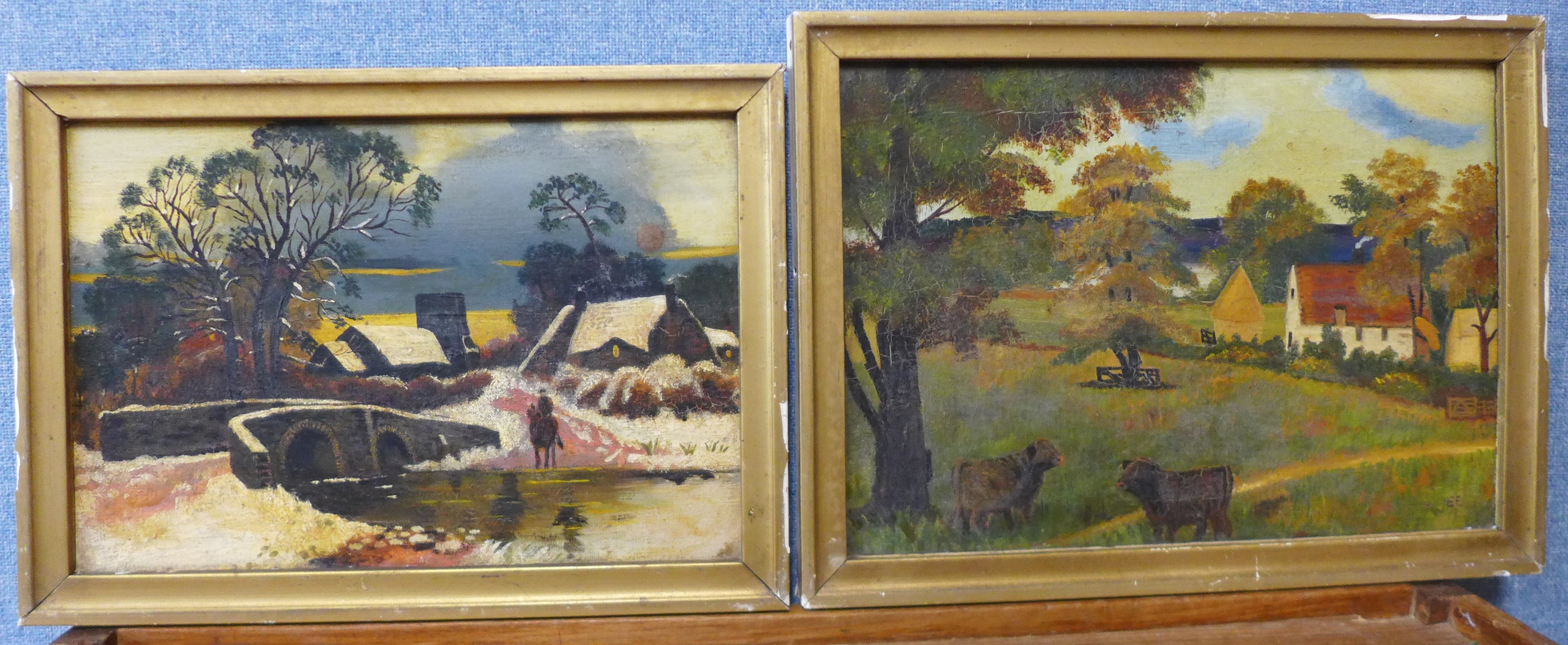 Two English School primitive oil paintings, landscapes, 22 x 32cms and 24 x 35cms, both framed - Image 2 of 2