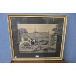 A Gerald E. Nelson pencil drawing, village scene, framed