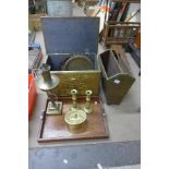 Assorted brassware and an oak tray