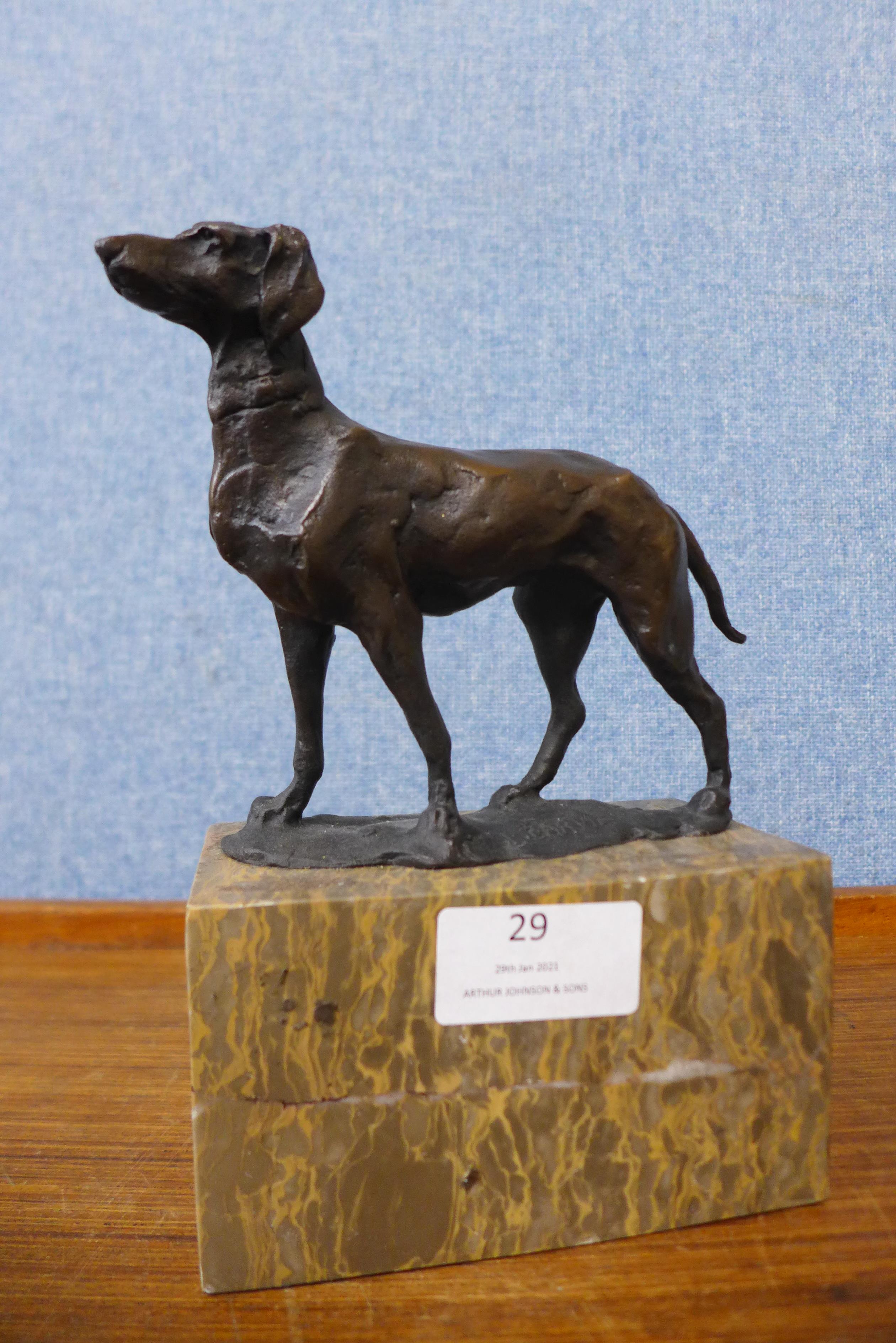 A French style bronze figure of a gun dog, on marble socle, 19cms h