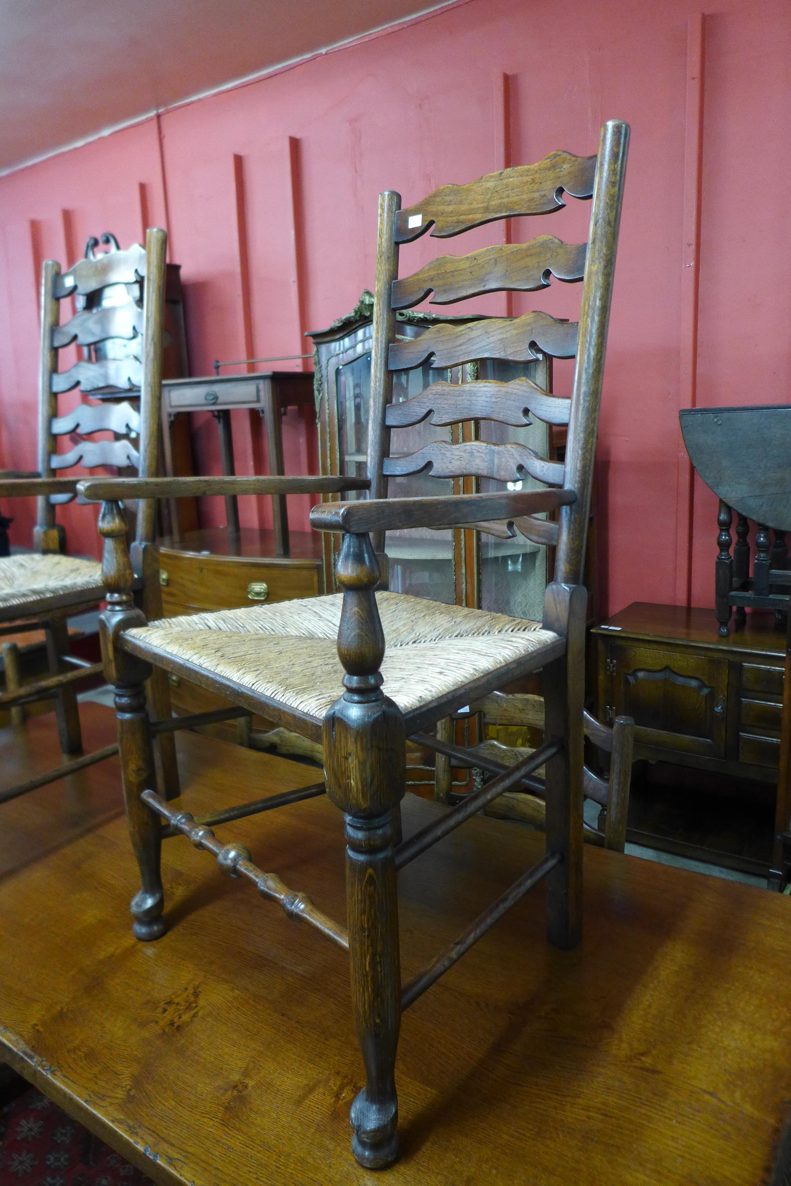 A 17th Century style oak refectory table (74cm h, 183 cms l, 81 cms w) and six oak ladderback rush - Image 3 of 4