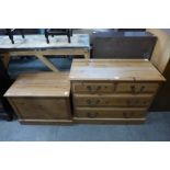 A pine chest of drawers and a blanket box