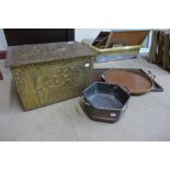 A brass coal box, two trays, a fire screen and a copper octagonal pot