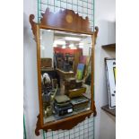 A George II style inlaid yew wood mirror, 98cms h