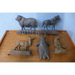 Five Victorian cast iron animal figures, including horse, ram and beetle