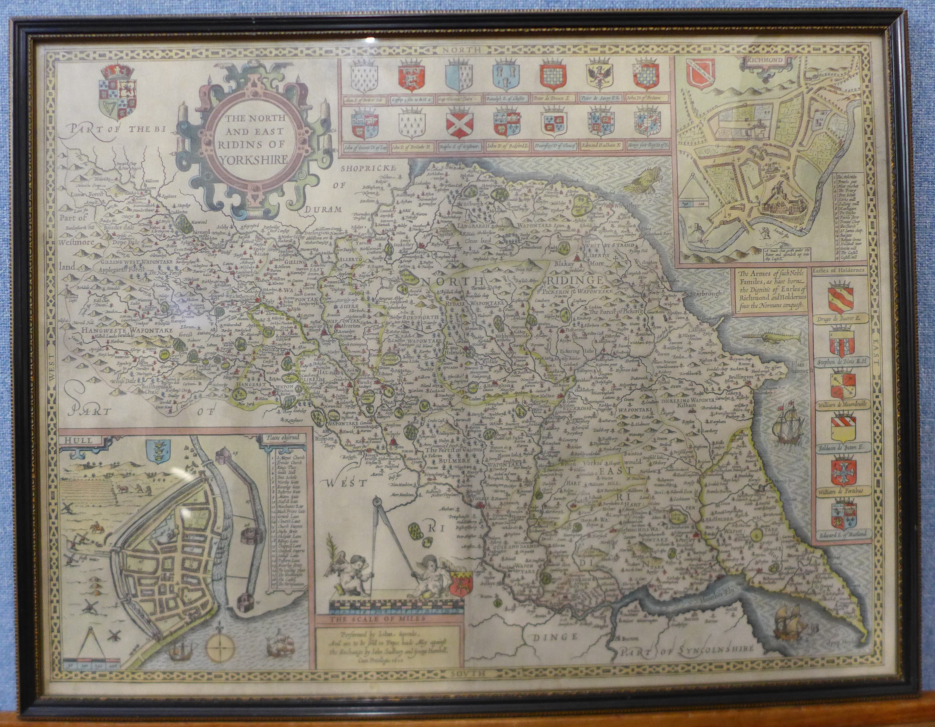 After John Speed, map of The North and East Ridins of Yorkshire, 40 x 53cms, framed