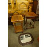 Two oak barleytwist occasional tables and a mirror