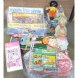 A collection of games and toys including two vintage Sindy dolls and wardrobe, potters wheel,