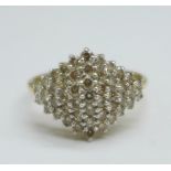 A 9ct gold and diamond cluster ring, 2.2g, P