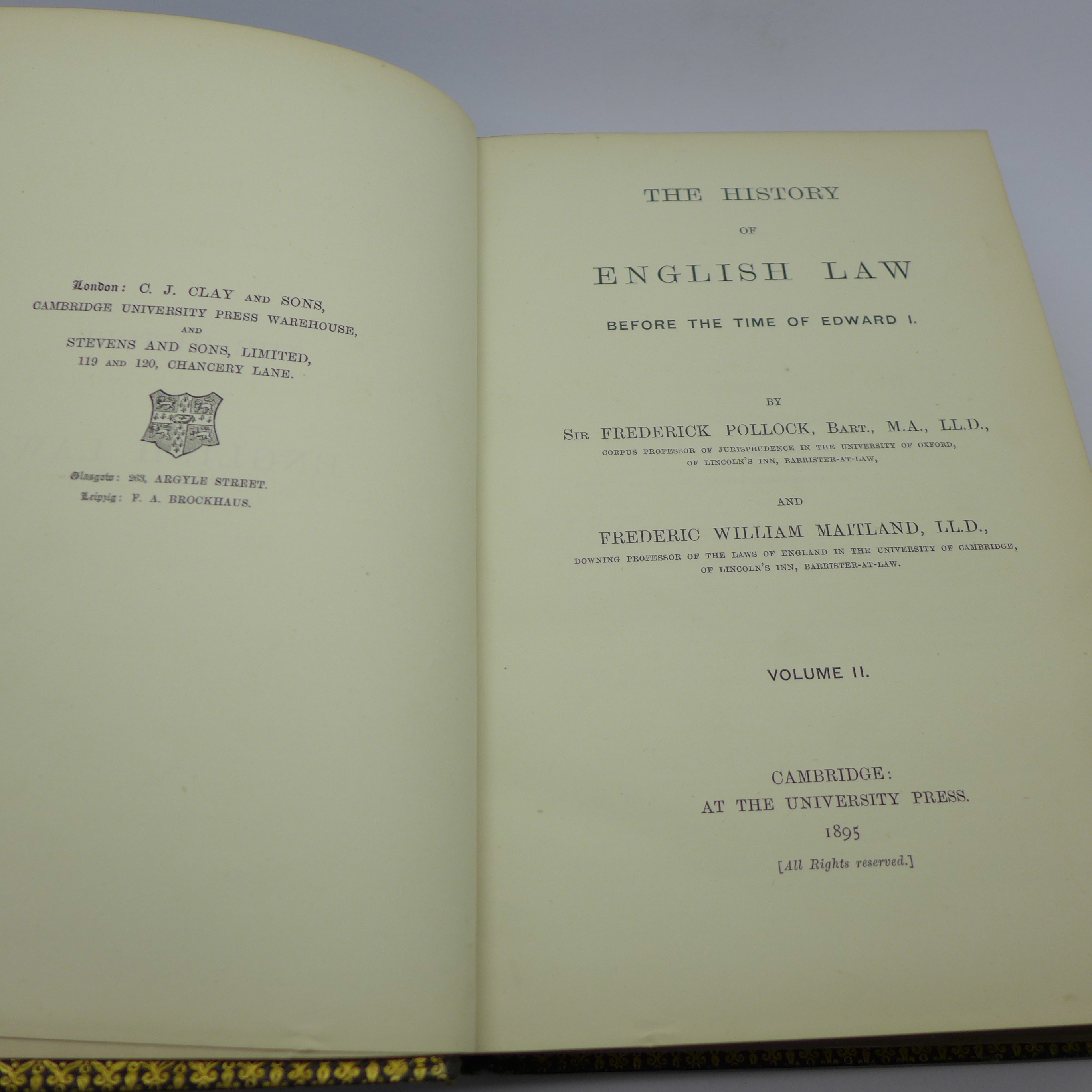 Two volumes; The History of English Law before the time of Edward I, Pollock & Maitland, 1895 - Image 5 of 6