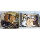 Two boxes of assorted items including treen, plated and flatware, three piece Picquot tea service,