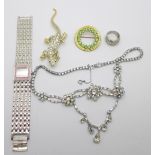 A diamante necklace, a lizard brooch, a circular Hollywood brooch, a cocktail wristwatch and a