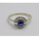A white metal, diamond and blue stone cluster ring, 2.3g, O