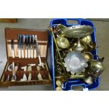 A box of metalwares; brass and silver plate and a canteen of cutlery **PLEASE NOTE THIS LOT IS NOT