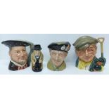 Three large Royal Doulton character mugs; The Gardener, Henry VIII and Monty, and a character jug,