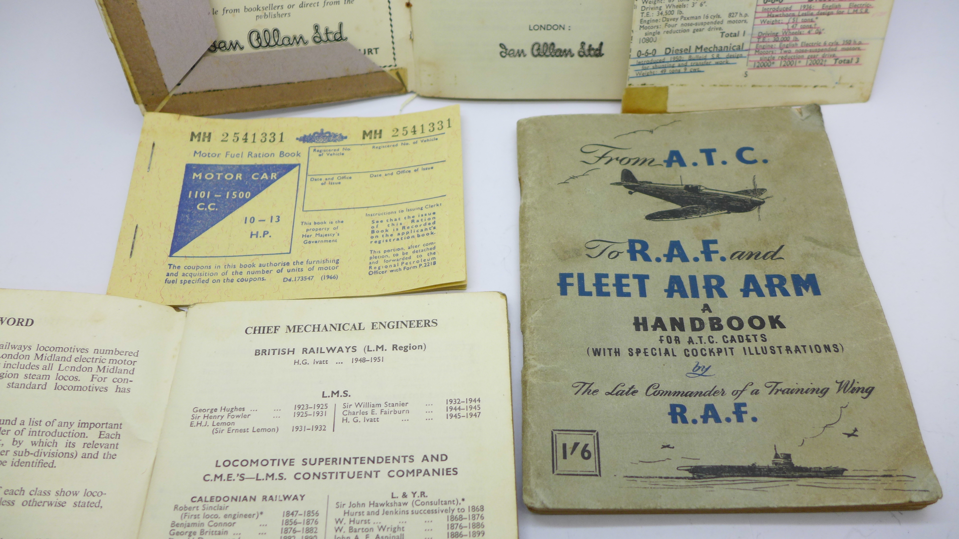 An ATC, RAF, FLEET AIR ARM handbook, two railways booklets and a Motor Fuel Ration Book - Image 3 of 6