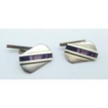 A pair of hallmarked silver and Blue John cufflinks, Sheffield 1985, 21mm x 18mm, boxed