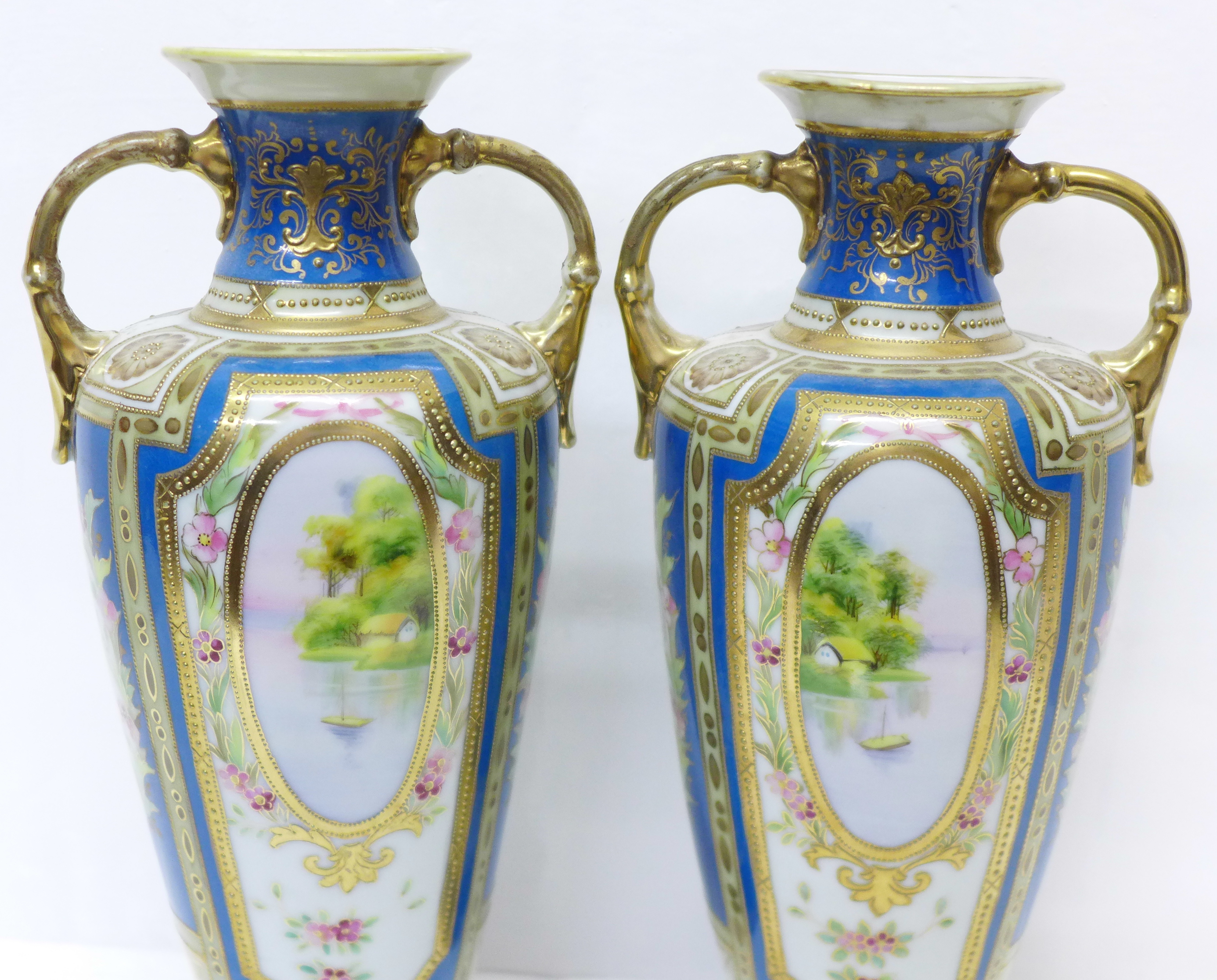 A pair of Noritake vases with gilded decoration and painted panels over a blue ground, 30.5cm - Image 2 of 7