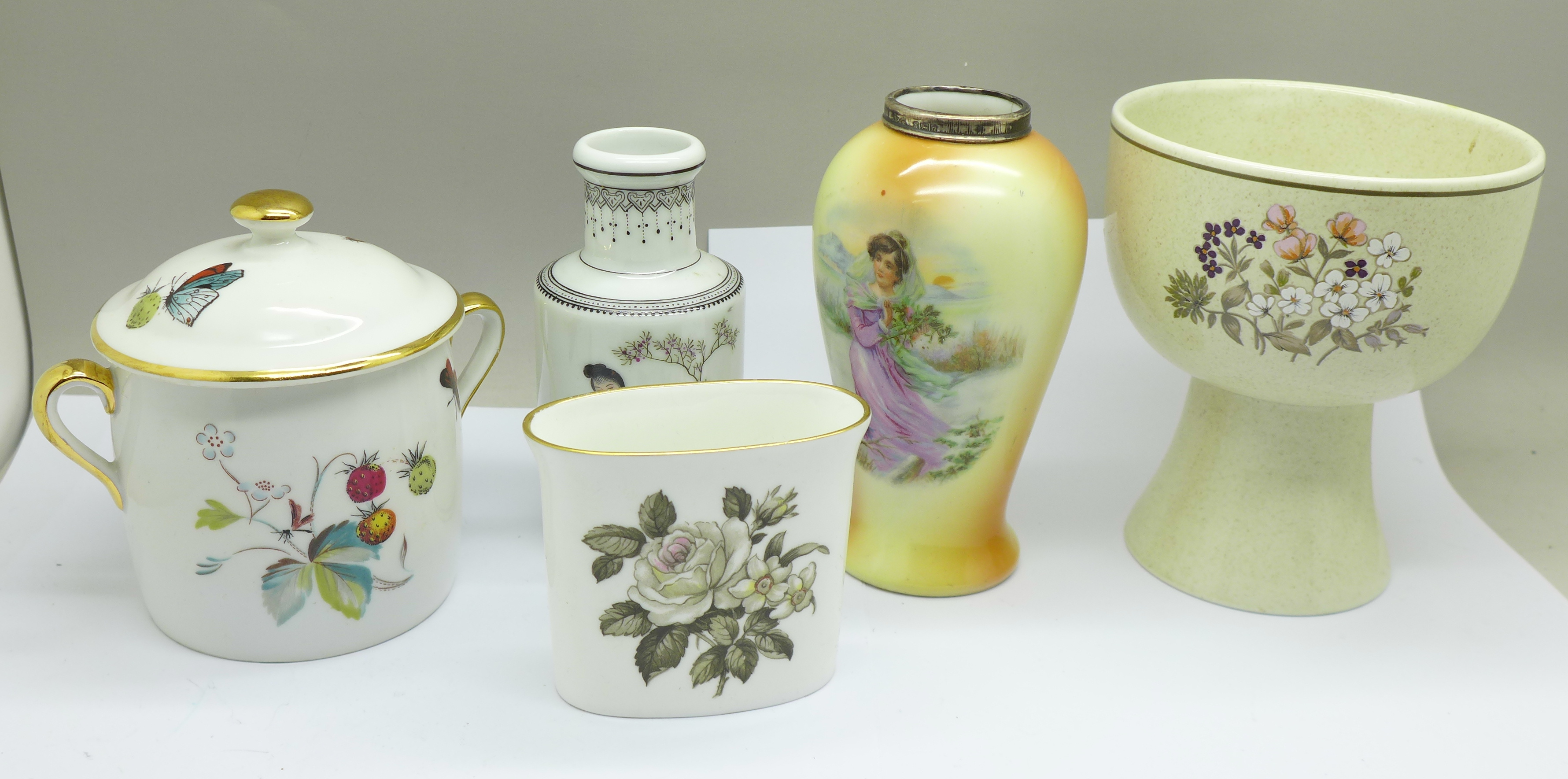 A silver mounted vase, a Chinese vase, a Royal Worcester lidded pot and posy vase and a Royal