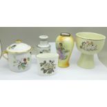 A silver mounted vase, a Chinese vase, a Royal Worcester lidded pot and posy vase and a Royal