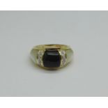A yellow metal, onyx and pearl ring with diamond accents, marked 10k, 4.9g, N
