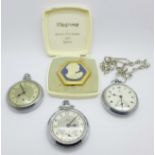 Three pocket watches and an Elsa electronic lighter, boxed