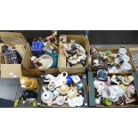 Five boxes of mixed glass, china, household items including novelty teapots, biscuit barrels,