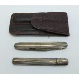 A cased silver penknife and pencil, marked 'silver'