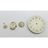 An Omega pocket watch movement, a lady's Tudor wristwatch movement and a Tudor dial