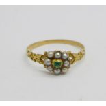 A Victorian yellow metal, emerald and pearl cluster ring, 1.7g, T, (acid tests as high carat gold)