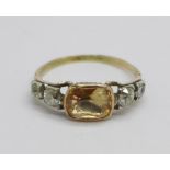 A Georgian topaz and diamond five stone ring mounted in high carat gold and silver settings, 1.8g, N