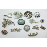 Fourteen brooches including one St. Justin pewter and one micro-mosaic