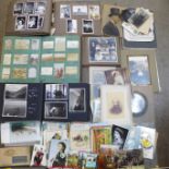 A collection of photographs, albums, vintage greetings cards, tea cards, postcards, cigarette cards,