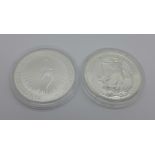 Two coins, each 1oz .999 Fine Silver, 2020 £2 Britannia and 2019 Australian Kangaroo 1 dollar